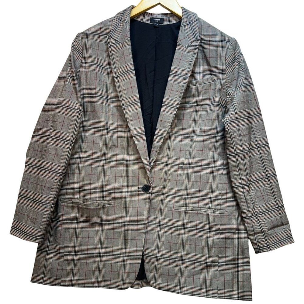 Express Editor Men's One Button Blazer Jacket Long Sleeve Sz XL Gray Check Plaid